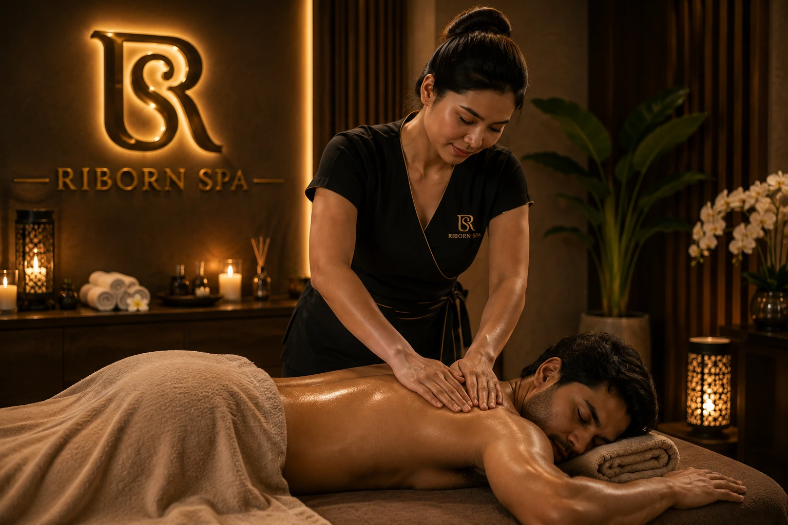 Woman relaxing during a body massage at Riborn Spa Thane