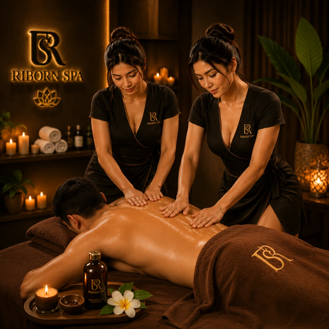 Four hand massage with two therapists working in sync at Riborn Spa Thane