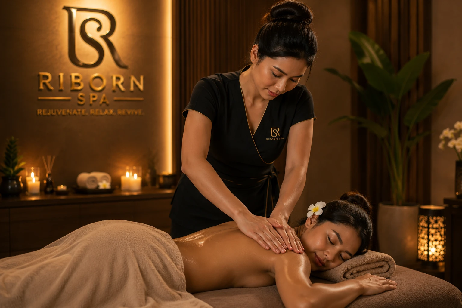 Two therapists performing a four hand back massage at Riborn Spa Thane