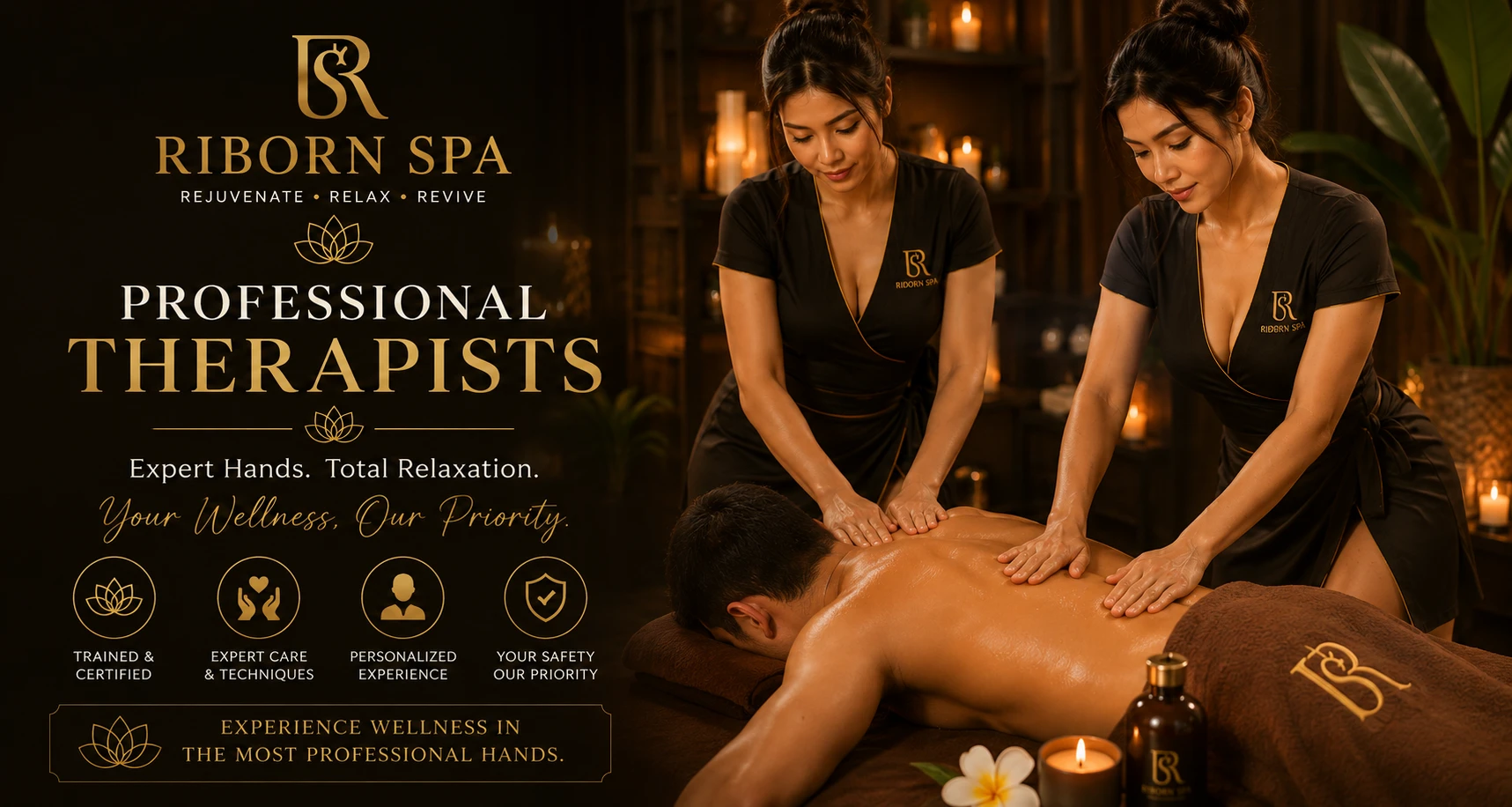 Trained therapists performing a professional body massage at Riborn Spa Thane